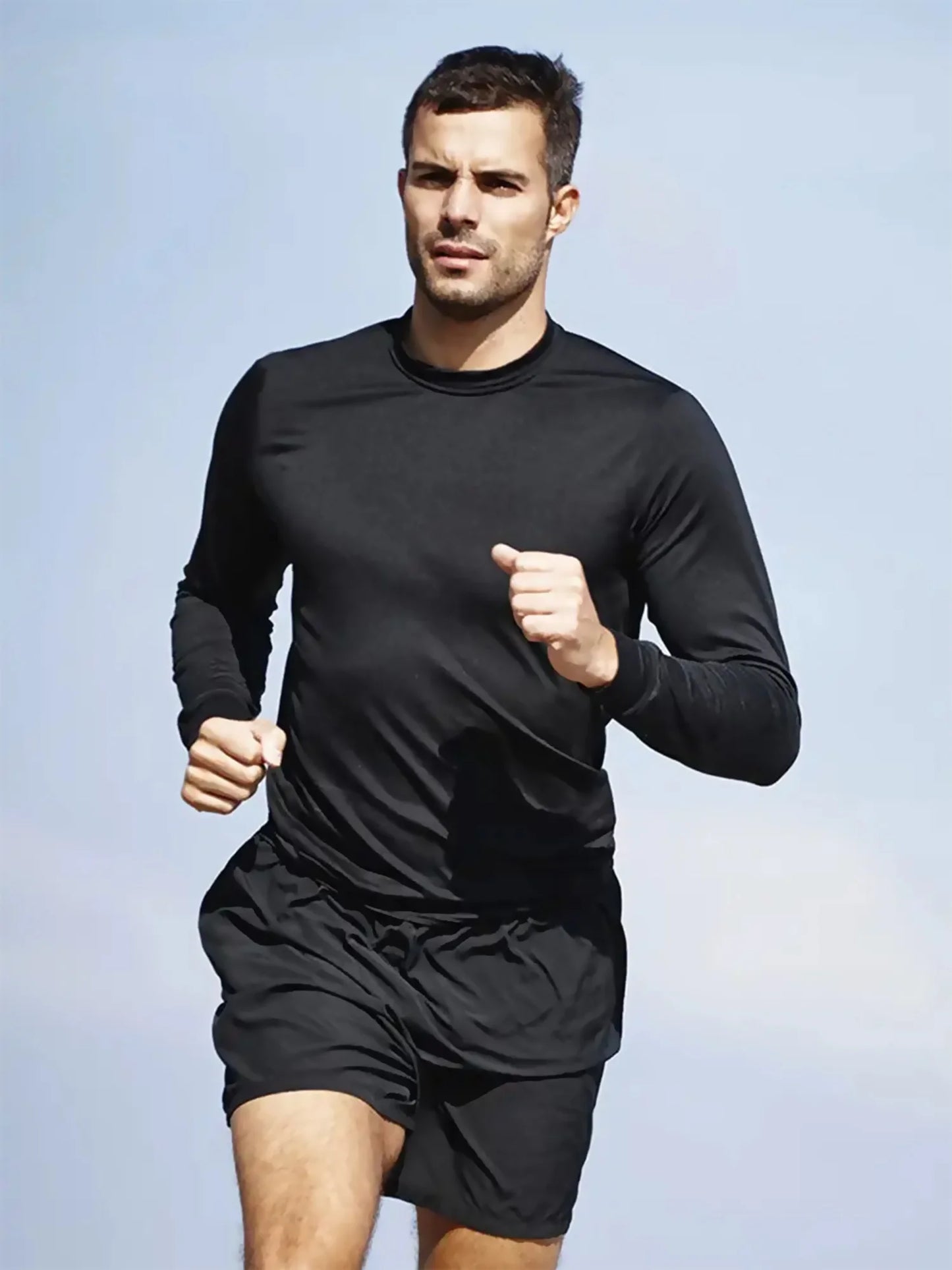 Sports Long-Sleeved Black 5-Piece Men's Round Neck Shirt Quick-Drying Top Fitness Sportswear Casual Outdoor Sportswear Body-Shap
