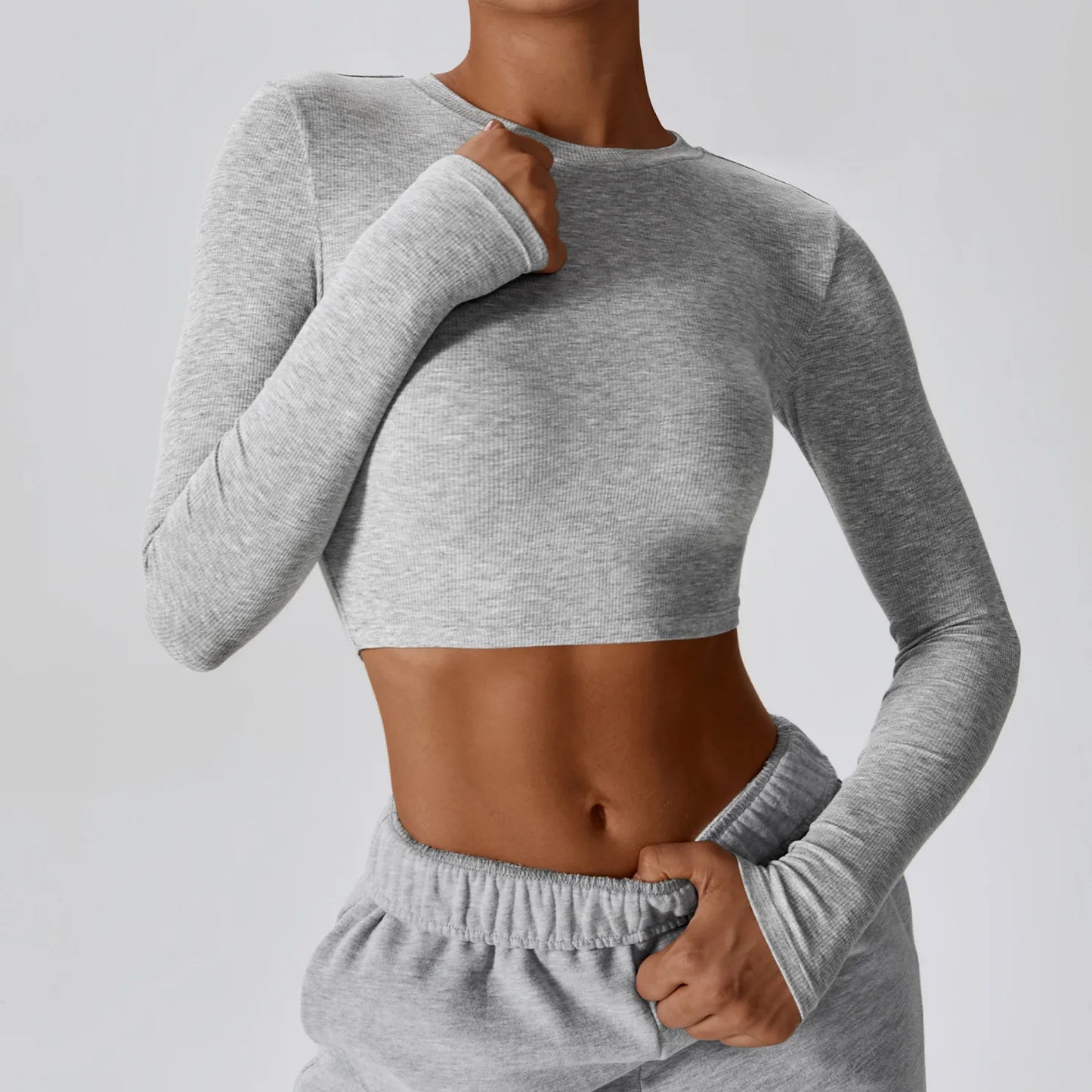 VITALINOVO Ribbed Crew Neck Cropprd Gym Tee Shirt Lightweight Basic Crop Tops Slim Fit Long Sleeve Workout Shirts for Women