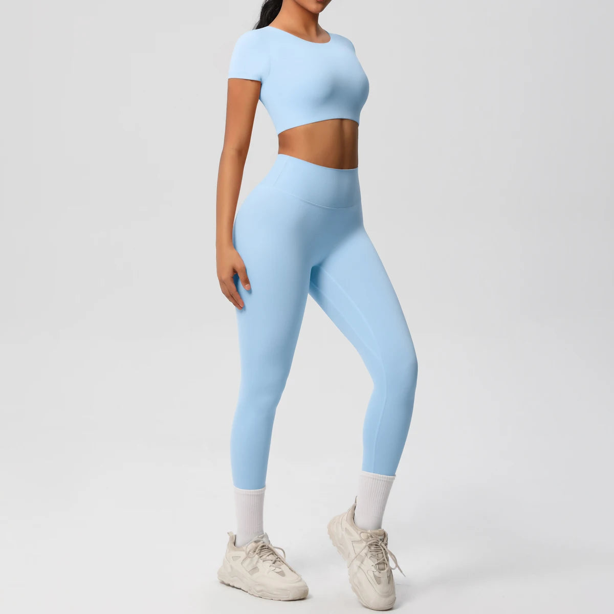 2PCS Woman Gym Sports Yoga Set Knitted Slim Workout Top Short Sleeve Quick Drying Legging Fitness Pants Running Sports Yoga Suit