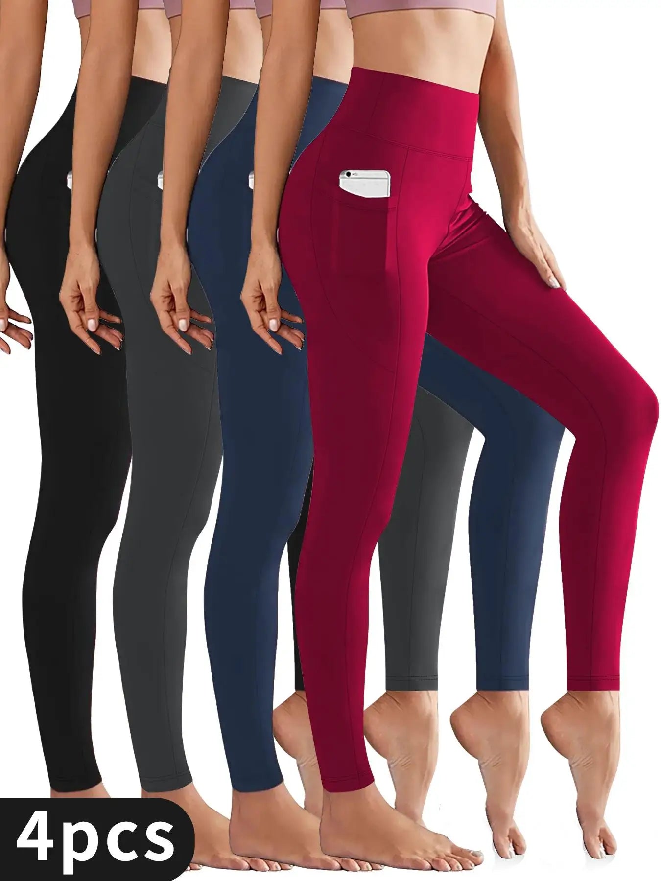 4pcs Plus Size High-Waist Fleece-Lined Yoga Pants with Side Pockets for Yoga Fitness Hiking Outdoor Activities Comfort Versatile