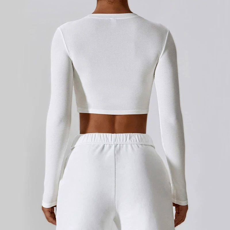 VITALINOVO Ribbed Crew Neck Cropprd Gym Tee Shirt Lightweight Basic Crop Tops Slim Fit Long Sleeve Workout Shirts for Women