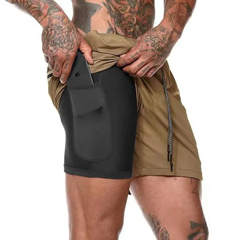 Men Double Layer Fitness Shorts Men Fitness Gym Training 2 in 1 Sports Shorts Quick Dry Workout Jogging Double Deck Summer