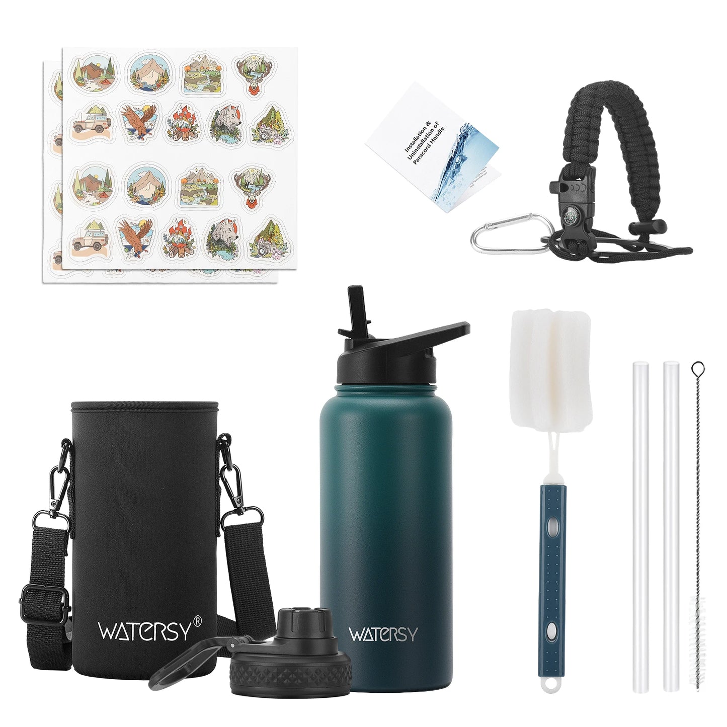 WATERSY 32oz Stainless Steel Thermal Cup Straw & Handle Portable Vacuum Insulated Water Bottle Outdoor Travel Sports Kettle