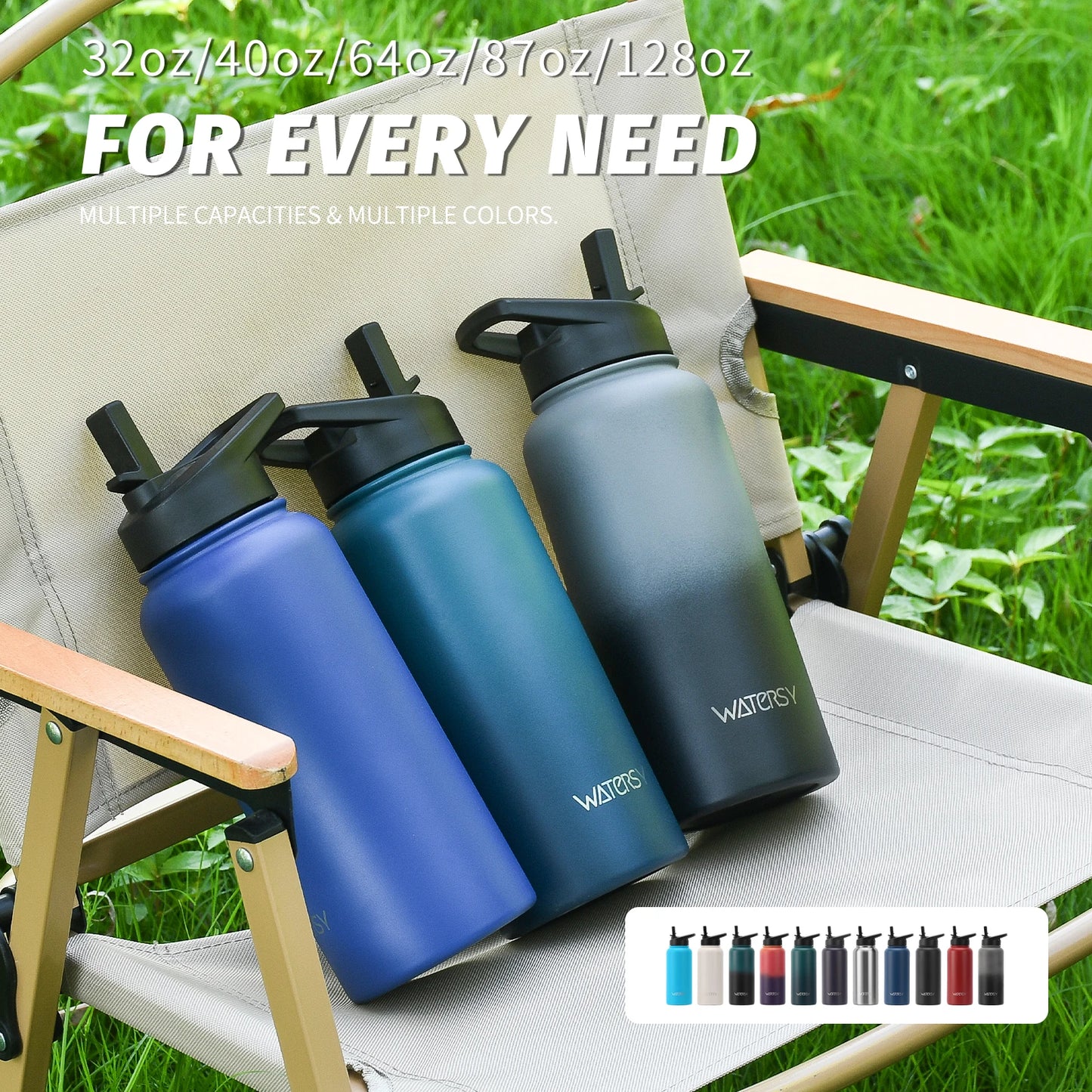 WATERSY 32oz Stainless Steel Thermal Cup Straw & Handle Portable Vacuum Insulated Water Bottle Outdoor Travel Sports Kettle