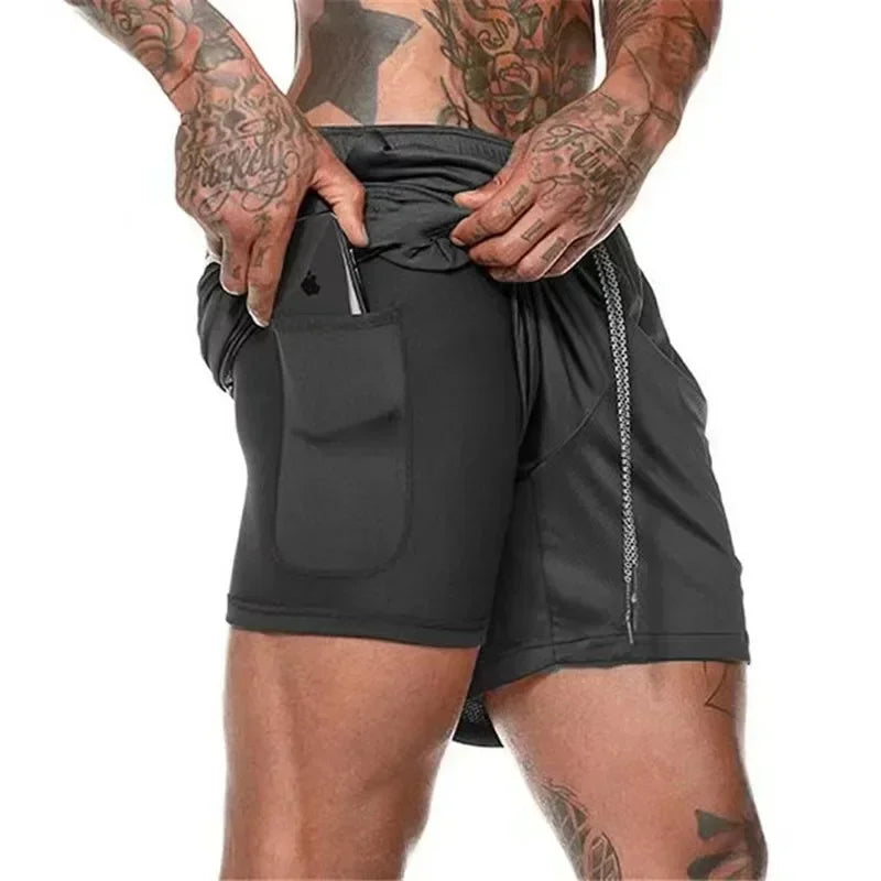 Men Double Layer Fitness Shorts Men Fitness Gym Training 2 in 1 Sports Shorts Quick Dry Workout Jogging Double Deck Summer