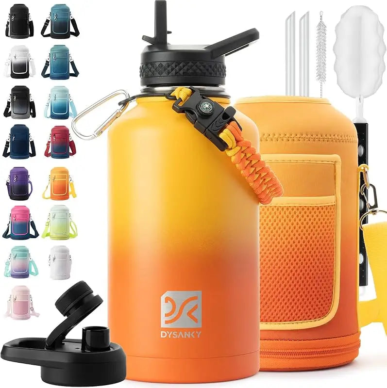 64 oz Insulated Water Bottle Thickened Stainless Steel Vacuum Design, BPA-Free, Large Jug with Straw, Carrier Bag & Handle Strap