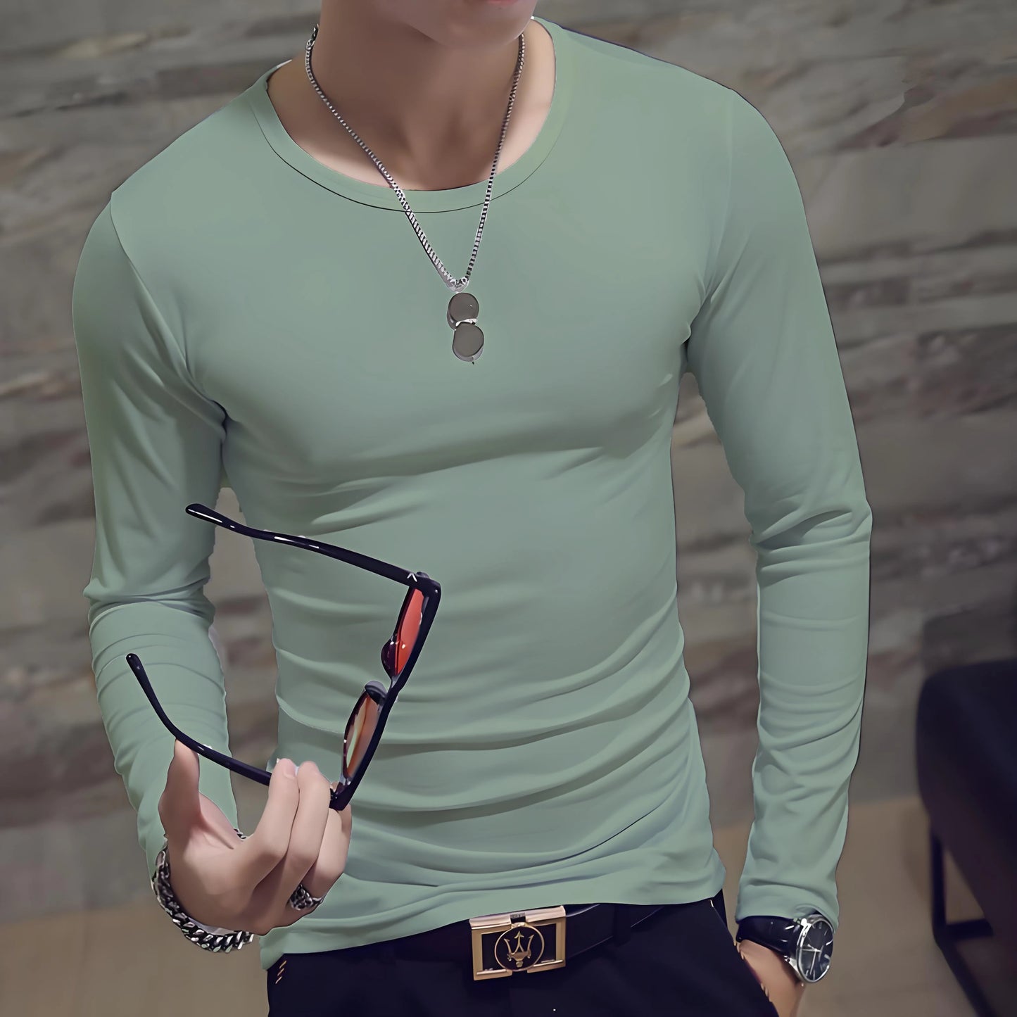 Men's casual fashion solid color long-sleeved round neck T-shirt classic men's spring and autumn thin comfortable top