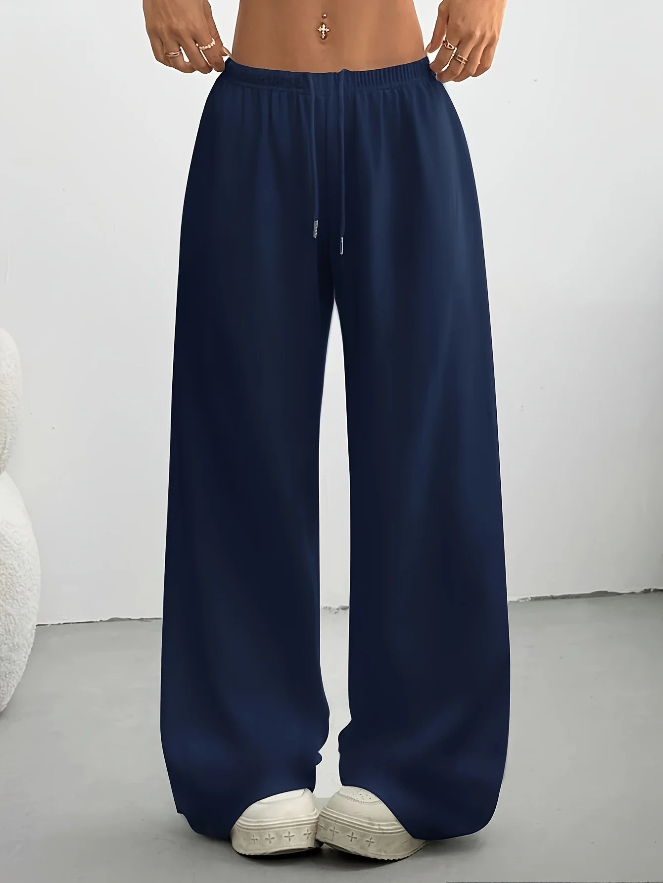 Women's Solid Color Wide Leg Pants Casual Drawstring Sweatpants with Pockets Jogging Loose Pants Relaxed Fit Style Autumn, Winter