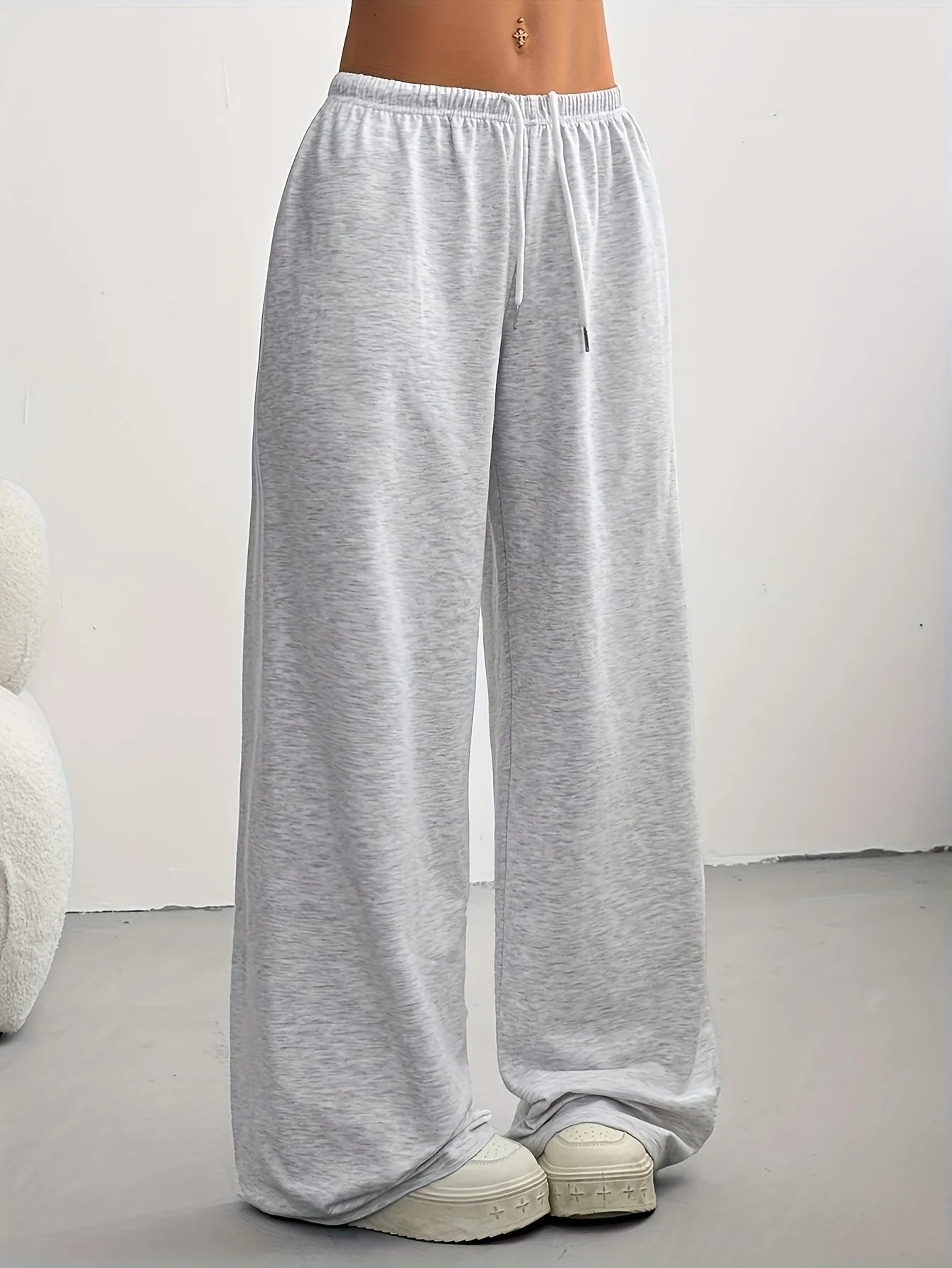 Women's Solid Color Wide Leg Pants Casual Drawstring Sweatpants with Pockets Jogging Loose Pants Relaxed Fit Style Autumn, Winter