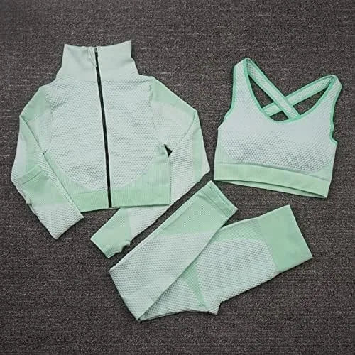 Women's 3PC Seamless Gym Clothing Workout Outfit with Jacket Bra & Leggings Set Three-piece Yoga Suit for Sports Fitness