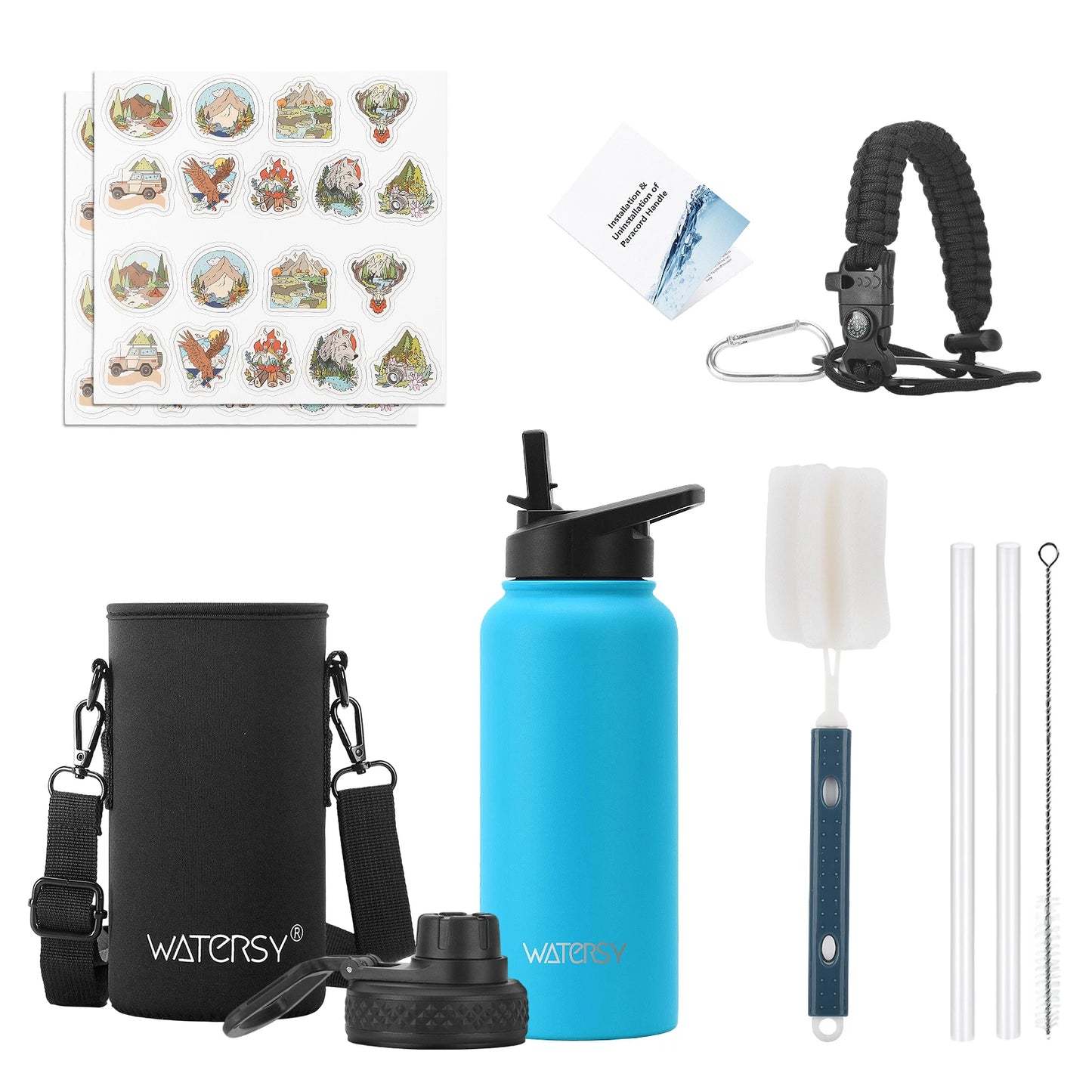 WATERSY 32oz Stainless Steel Thermal Cup Straw & Handle Portable Vacuum Insulated Water Bottle Outdoor Travel Sports Kettle