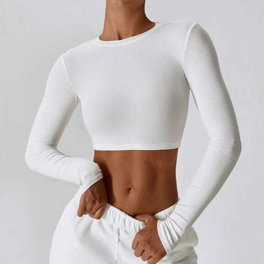 VITALINOVO Ribbed Crew Neck Cropprd Gym Tee Shirt Lightweight Basic Crop Tops Slim Fit Long Sleeve Workout Shirts for Women