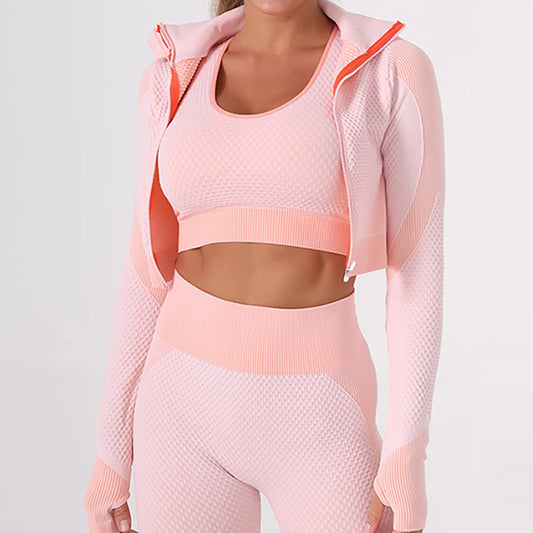 Women's 3PC Seamless Gym Clothing Workout Outfit with Jacket Bra & Leggings Set Three-piece Yoga Suit for Sports Fitness