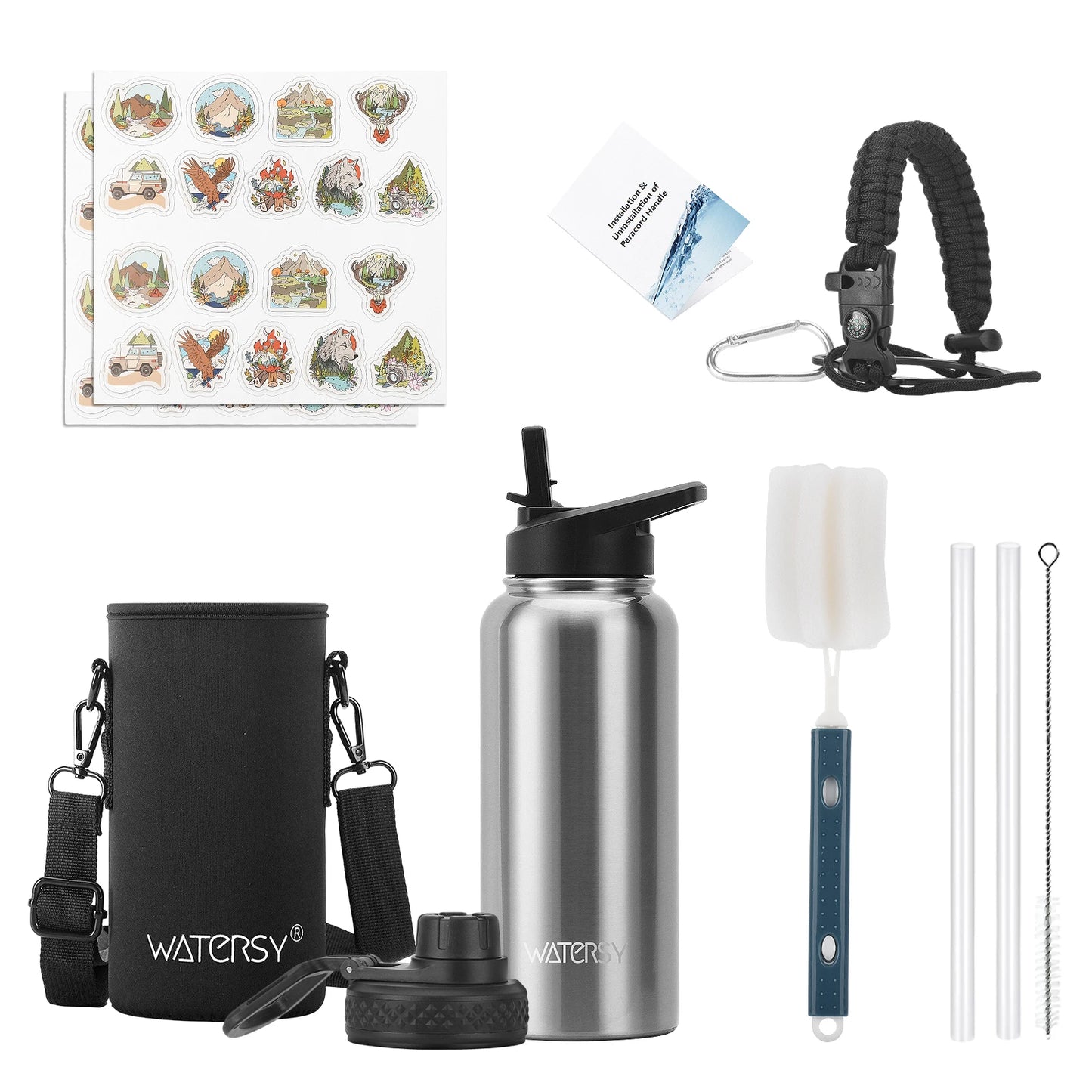 WATERSY 32oz Stainless Steel Thermal Cup Straw & Handle Portable Vacuum Insulated Water Bottle Outdoor Travel Sports Kettle