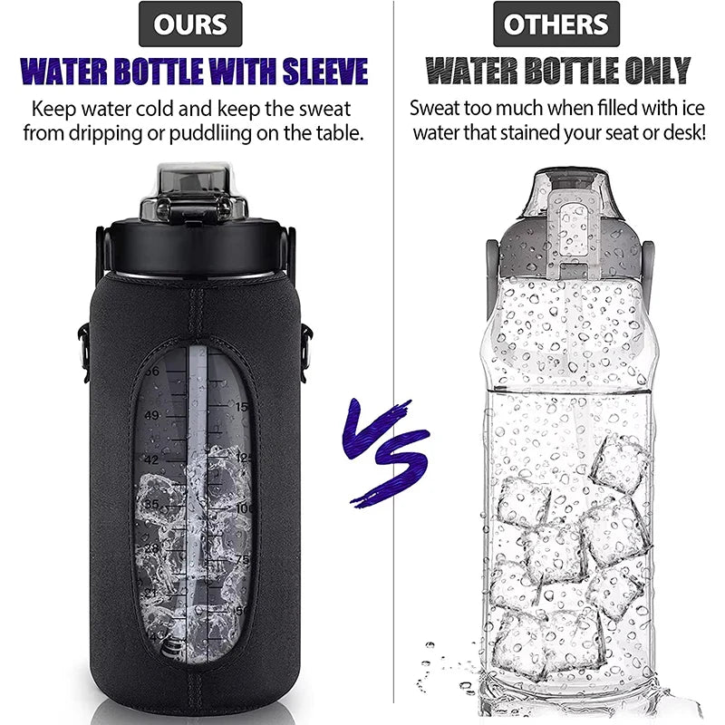 2L 64OZ Half Gallon Water Bottle with Sleeve Motivational Water Bottle with Straw & Time Marker Leakproof Sport Water Jug