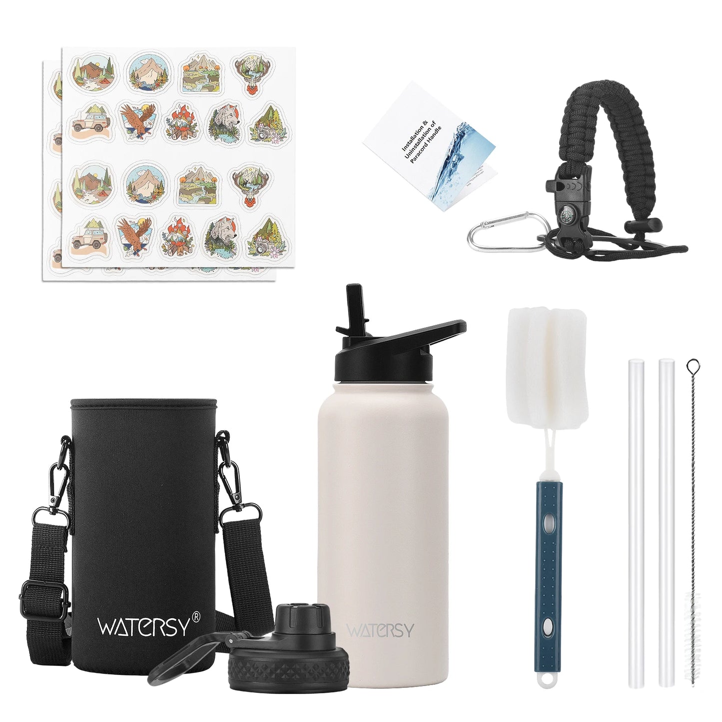 WATERSY 32oz Stainless Steel Thermal Cup Straw & Handle Portable Vacuum Insulated Water Bottle Outdoor Travel Sports Kettle