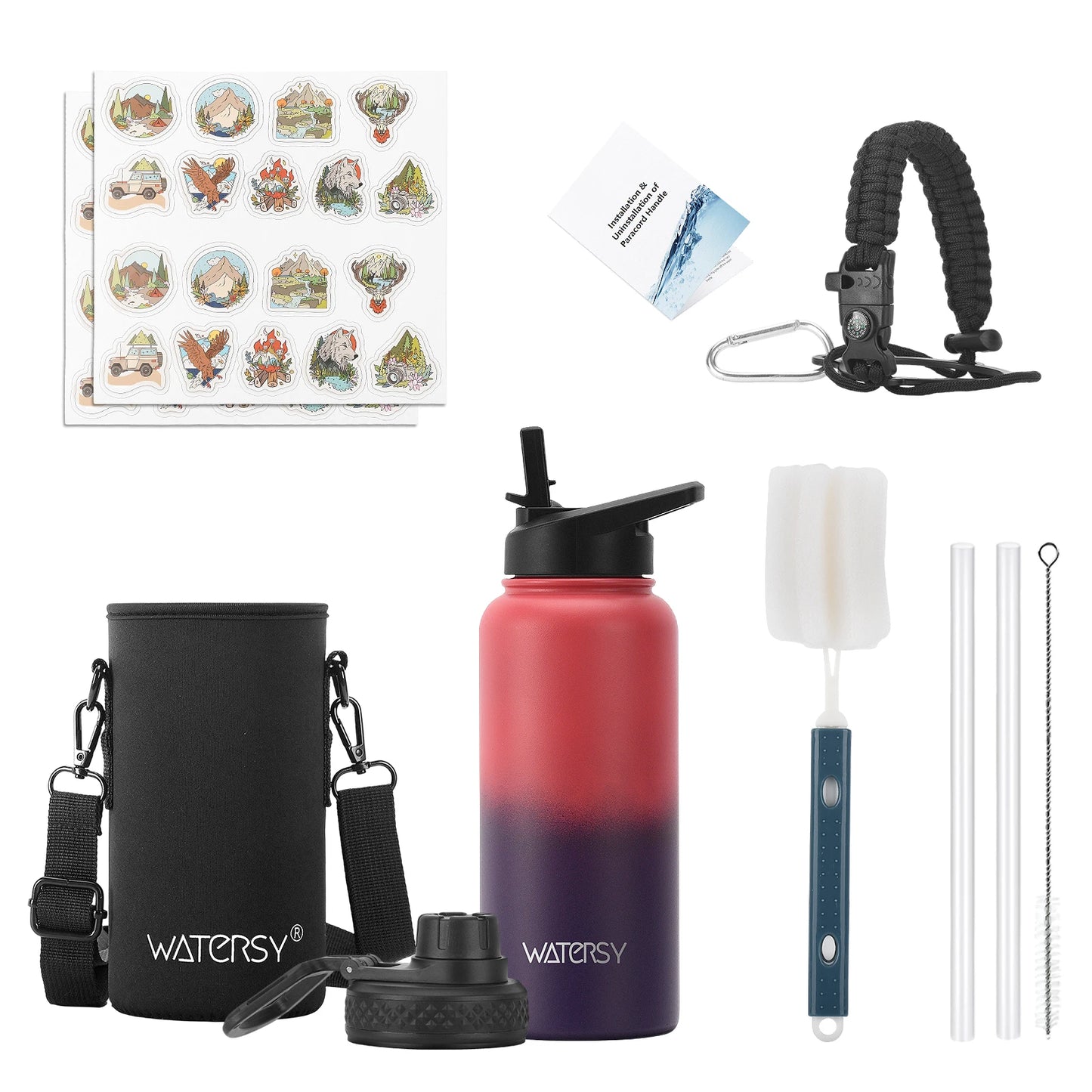 WATERSY 32oz Stainless Steel Thermal Cup Straw & Handle Portable Vacuum Insulated Water Bottle Outdoor Travel Sports Kettle