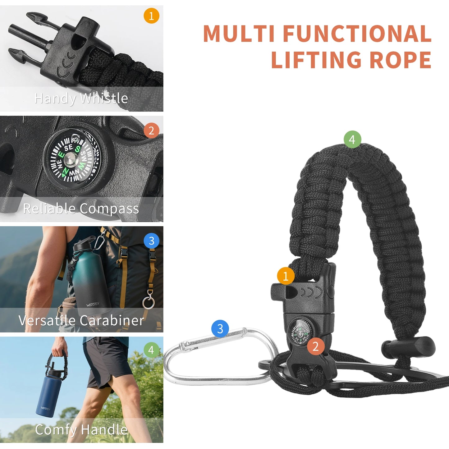 WATERSY 32oz Stainless Steel Thermal Cup Straw & Handle Portable Vacuum Insulated Water Bottle Outdoor Travel Sports Kettle