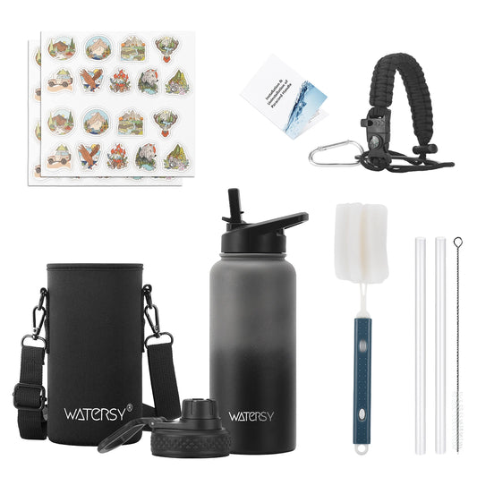 WATERSY 32oz Stainless Steel Thermal Cup Straw & Handle Portable Vacuum Insulated Water Bottle Outdoor Travel Sports Kettle