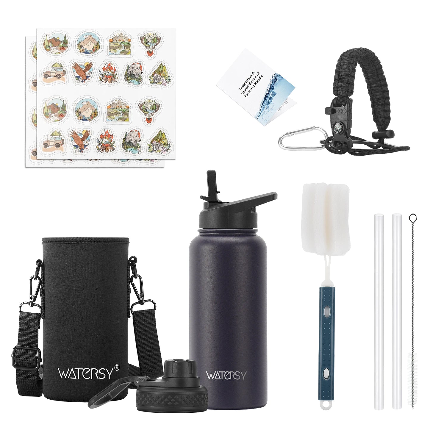 WATERSY 32oz Stainless Steel Thermal Cup Straw & Handle Portable Vacuum Insulated Water Bottle Outdoor Travel Sports Kettle