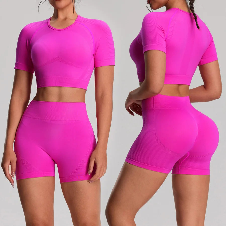 2pcs/sets Yoga Sport T-shirts Shorts Set Sportswear Woman Gym Seamless Workout Vest Shorts Leggings Activewear Women's Tracksuit