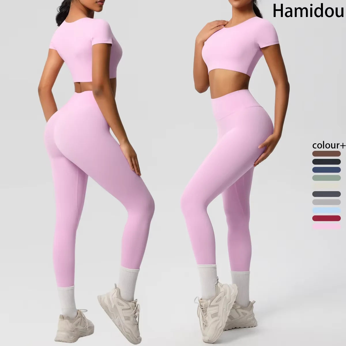 2PCS Woman Gym Sports Yoga Set Knitted Slim Workout Top Short Sleeve Quick Drying Legging Fitness Pants Running Sports Yoga Suit