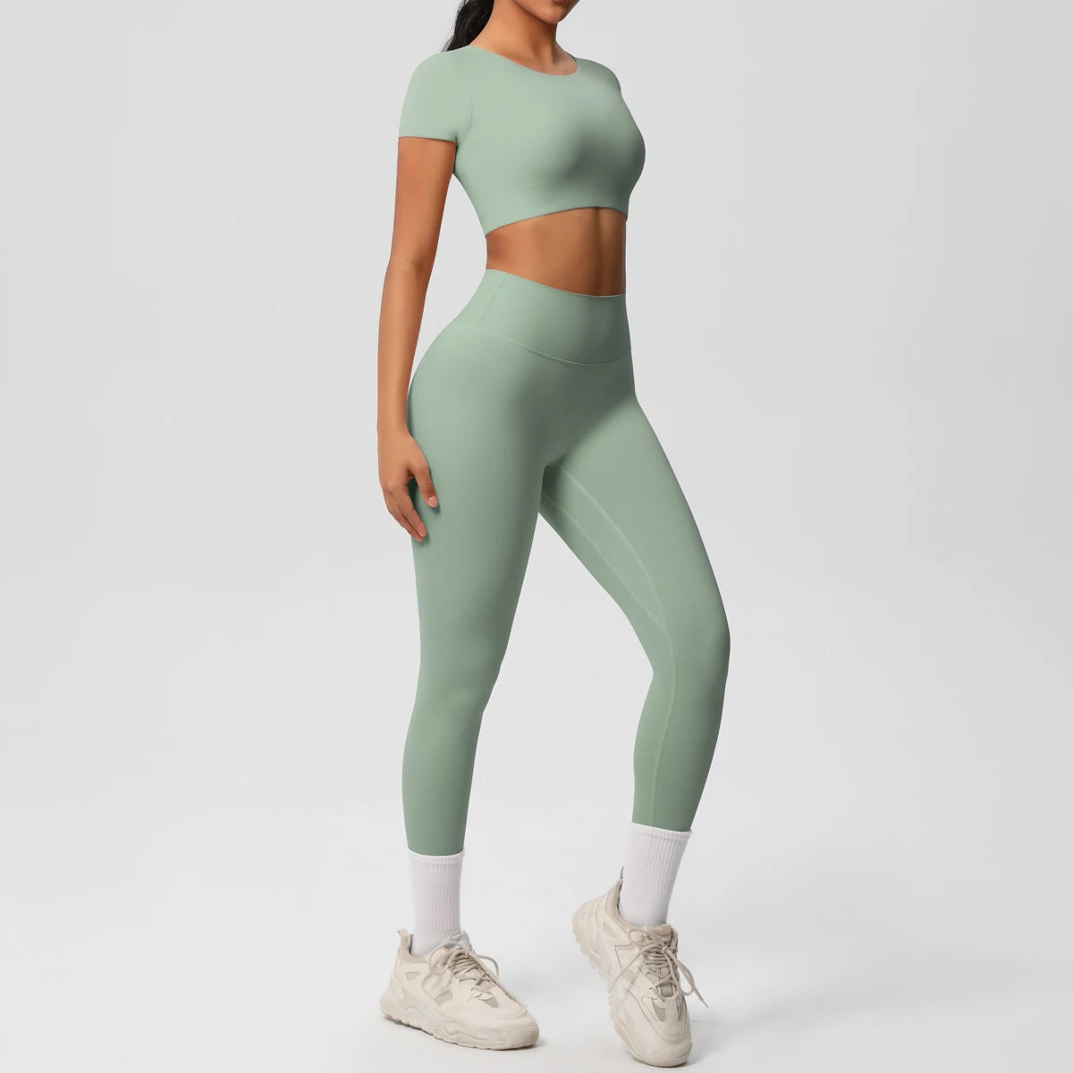 2PCS Woman Gym Sports Yoga Set Knitted Slim Workout Top Short Sleeve Quick Drying Legging Fitness Pants Running Sports Yoga Suit