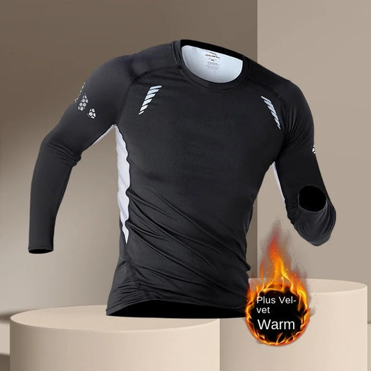 New fitness clothes for men in autumn and winter, with fleece added for warmth and comfort, tight fitting sportswear, quick dryi