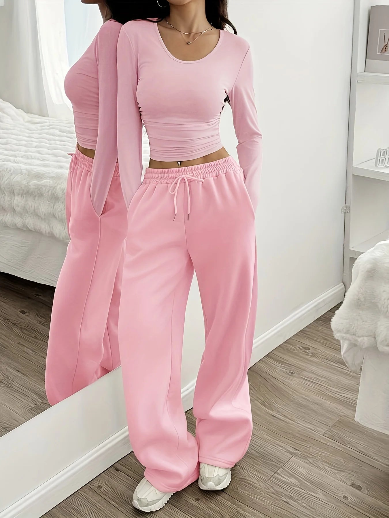 Women's Solid Color Wide Leg Pants Casual Drawstring Sweatpants with Pockets Jogging Loose Pants Relaxed Fit Style Autumn, Winter