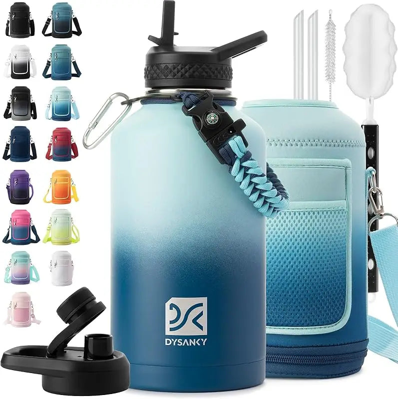 64 oz Insulated Water Bottle Thickened Stainless Steel Vacuum Design, BPA-Free, Large Jug with Straw, Carrier Bag & Handle Strap