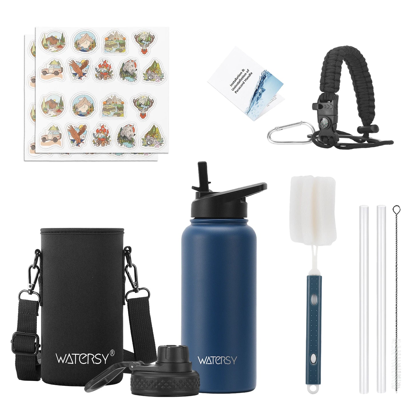 WATERSY 32oz Stainless Steel Thermal Cup Straw & Handle Portable Vacuum Insulated Water Bottle Outdoor Travel Sports Kettle