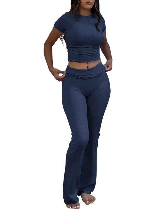 Women's two-piece sports leisure yoga set, short-sleeved cuffed flared trousers, short-sleeved top sports set