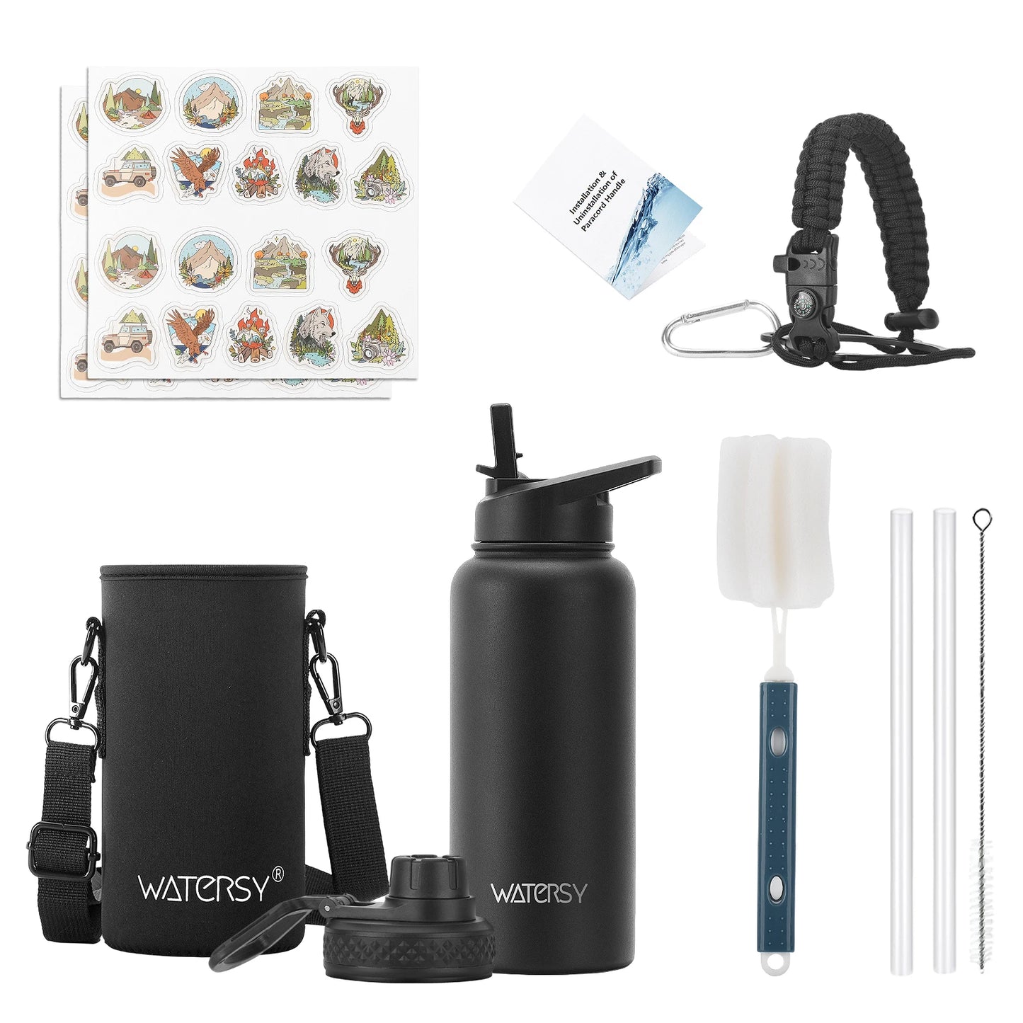 WATERSY 32oz Stainless Steel Thermal Cup Straw & Handle Portable Vacuum Insulated Water Bottle Outdoor Travel Sports Kettle