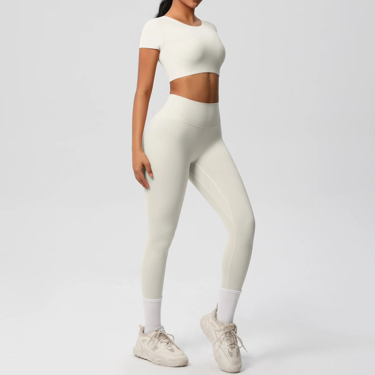 2PCS Woman Gym Sports Yoga Set Knitted Slim Workout Top Short Sleeve Quick Drying Legging Fitness Pants Running Sports Yoga Suit