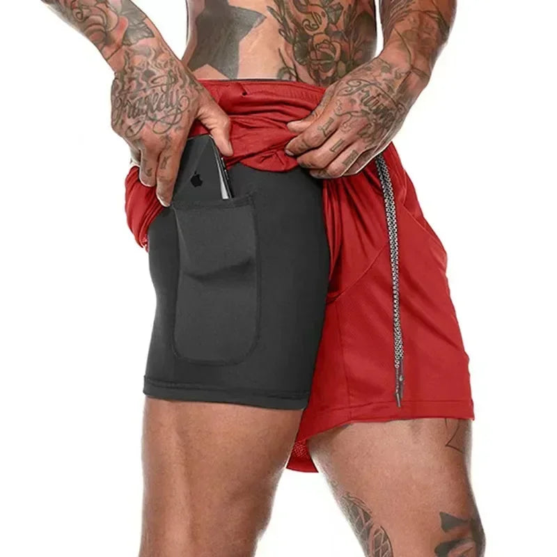 Men Double Layer Fitness Shorts Men Fitness Gym Training 2 in 1 Sports Shorts Quick Dry Workout Jogging Double Deck Summer