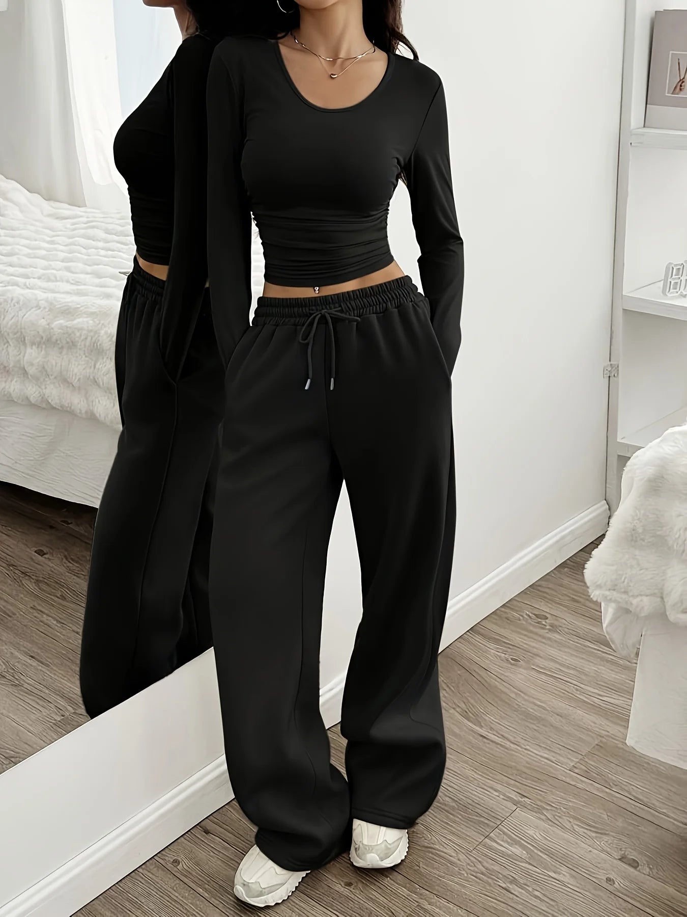 Women's Solid Color Wide Leg Pants Casual Drawstring Sweatpants with Pockets Jogging Loose Pants Relaxed Fit Style Autumn, Winter