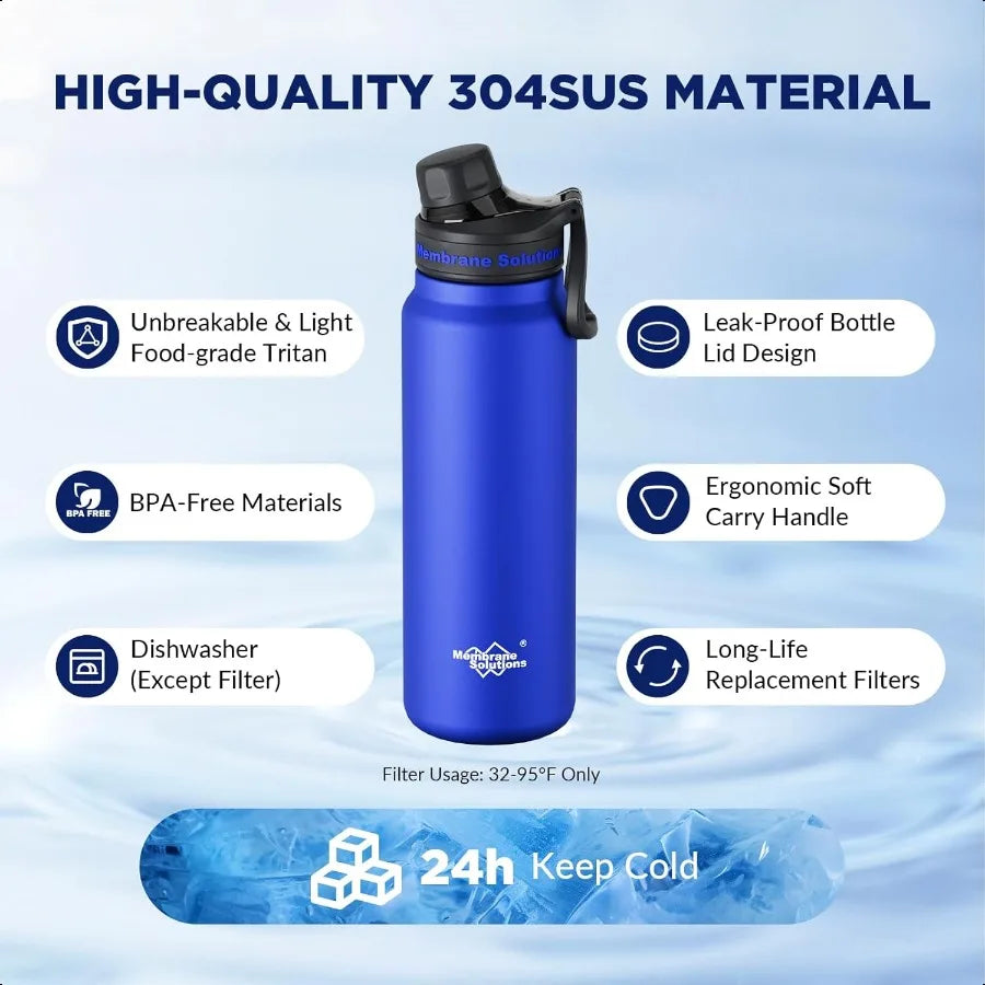 C3 Filtered Water Bottle 32oz Stainl Steel Water Bottle with Replaceable Filter Cartridge Portable Water Filter Travel Hiking C