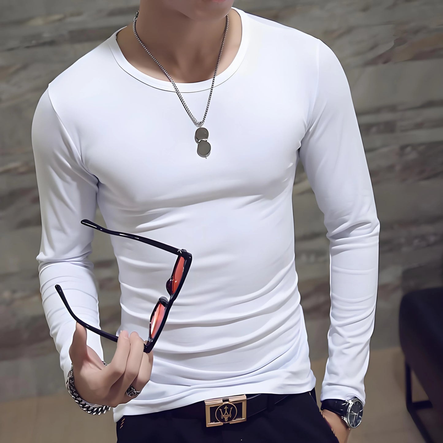 Men's casual fashion solid color long-sleeved round neck T-shirt classic men's spring and autumn thin comfortable top