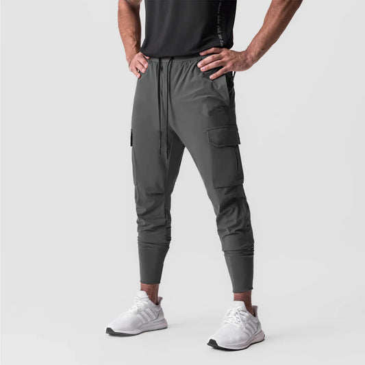New men's fitness casual pants fashion brand large size men's solid color multi-pocket bunched feet American tracksuit pants