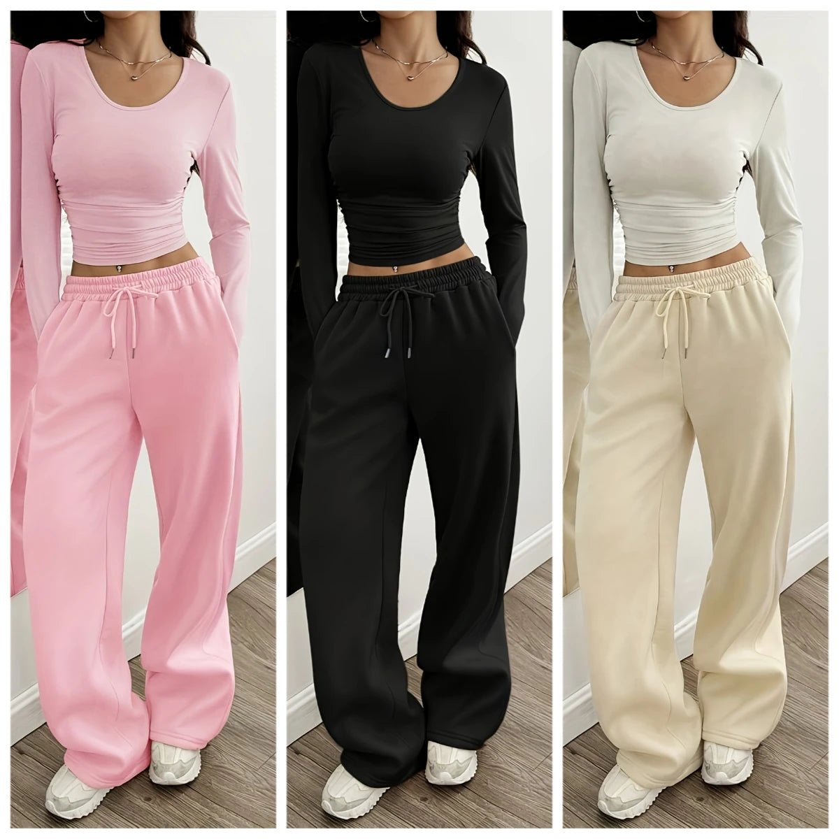 Women's Solid Color Wide Leg Pants Casual Drawstring Sweatpants with Pockets Jogging Loose Pants Relaxed Fit Style Autumn, Winter