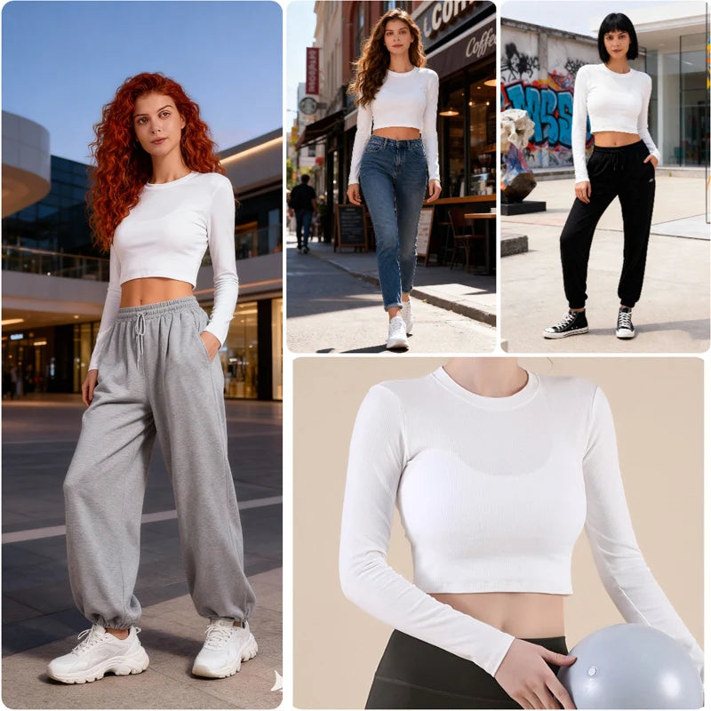 VITALINOVO Ribbed Crew Neck Cropprd Gym Tee Shirt Lightweight Basic Crop Tops Slim Fit Long Sleeve Workout Shirts for Women