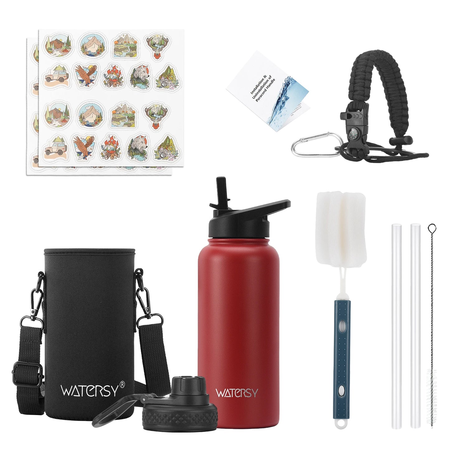 WATERSY 32oz Stainless Steel Thermal Cup Straw & Handle Portable Vacuum Insulated Water Bottle Outdoor Travel Sports Kettle