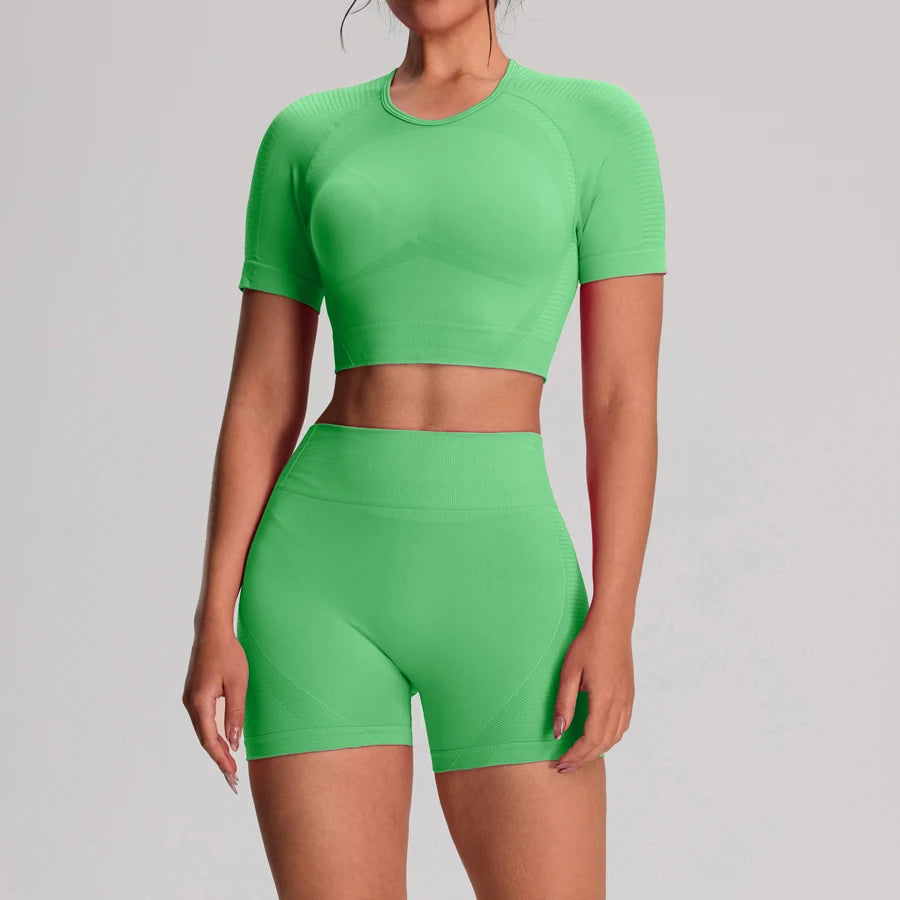 2pcs/sets Yoga Sport T-shirts Shorts Set Sportswear Woman Gym Seamless Workout Vest Shorts Leggings Activewear Women's Tracksuit