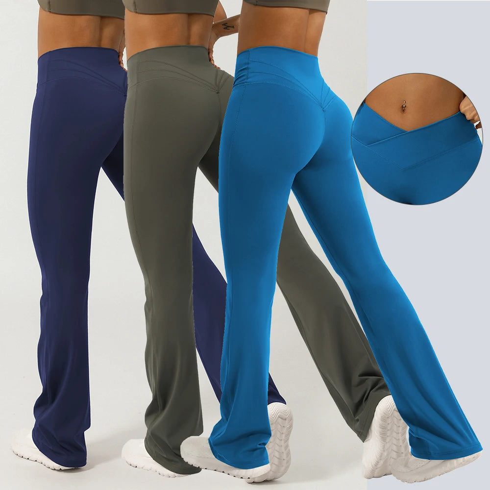 V-Cross Fitness Flare Pants Lifting Buttocks Cross Waist Yoga Sport Leggings Gym Outdoor Acticewear Workout Wide-Leg Pants