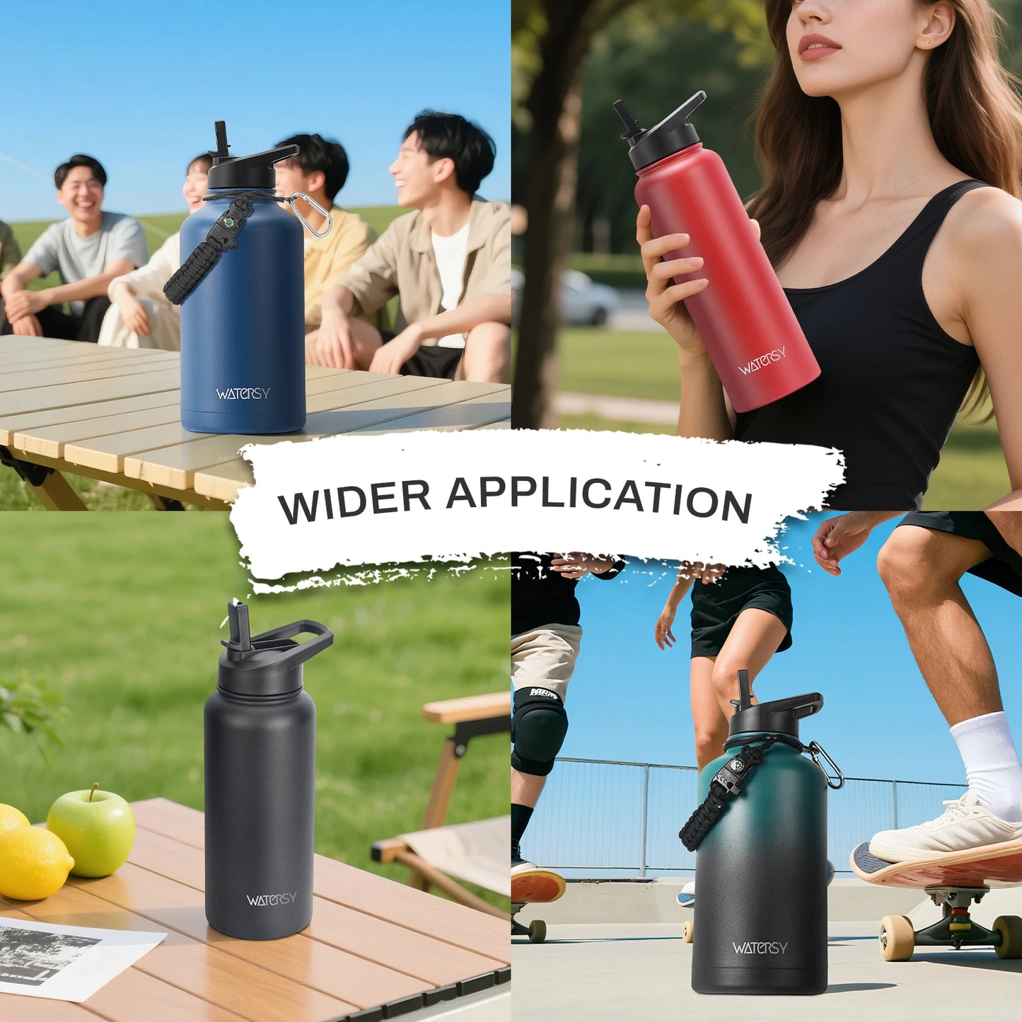 WATERSY 32oz Stainless Steel Thermal Cup Straw & Handle Portable Vacuum Insulated Water Bottle Outdoor Travel Sports Kettle
