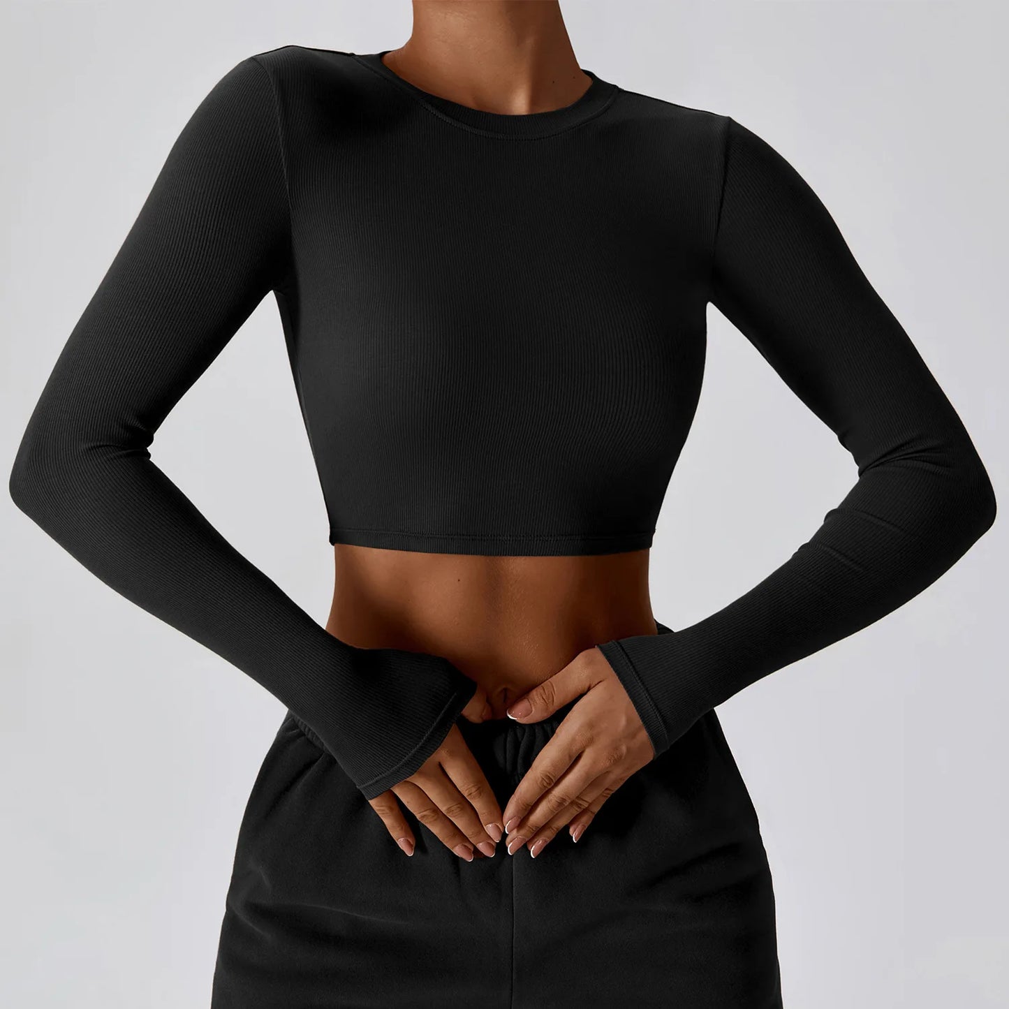 VITALINOVO Ribbed Crew Neck Cropprd Gym Tee Shirt Lightweight Basic Crop Tops Slim Fit Long Sleeve Workout Shirts for Women